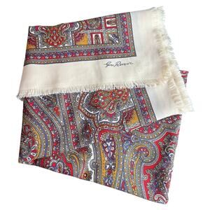Jim Renoir XL Shawl- Square- 46" Frayed edges Paisley Design- Cream Red Purple
